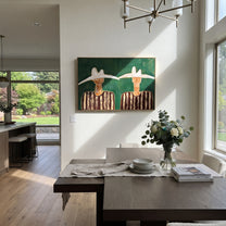 White Hats Guard Green - white hat figure pair painting by Elliot Vale, modern figurative horizontal wall art - styled room scene view 3