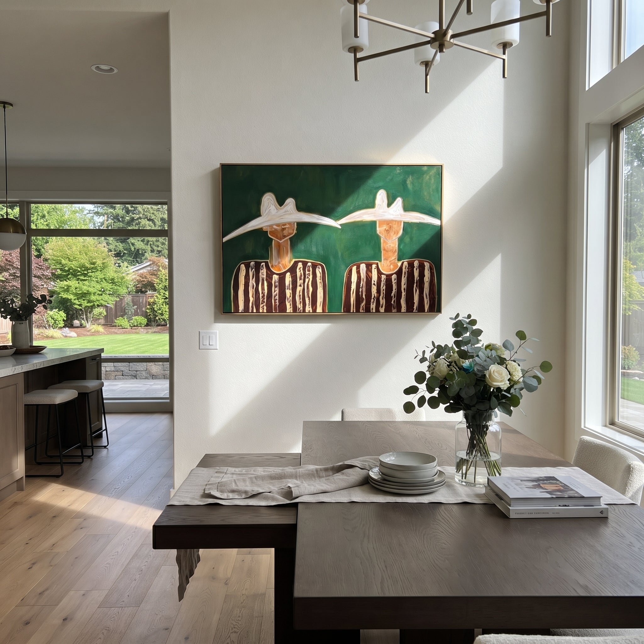 White Hats Guard Green - white hat figure pair painting by Elliot Vale, modern figurative horizontal wall art - styled room scene view 3