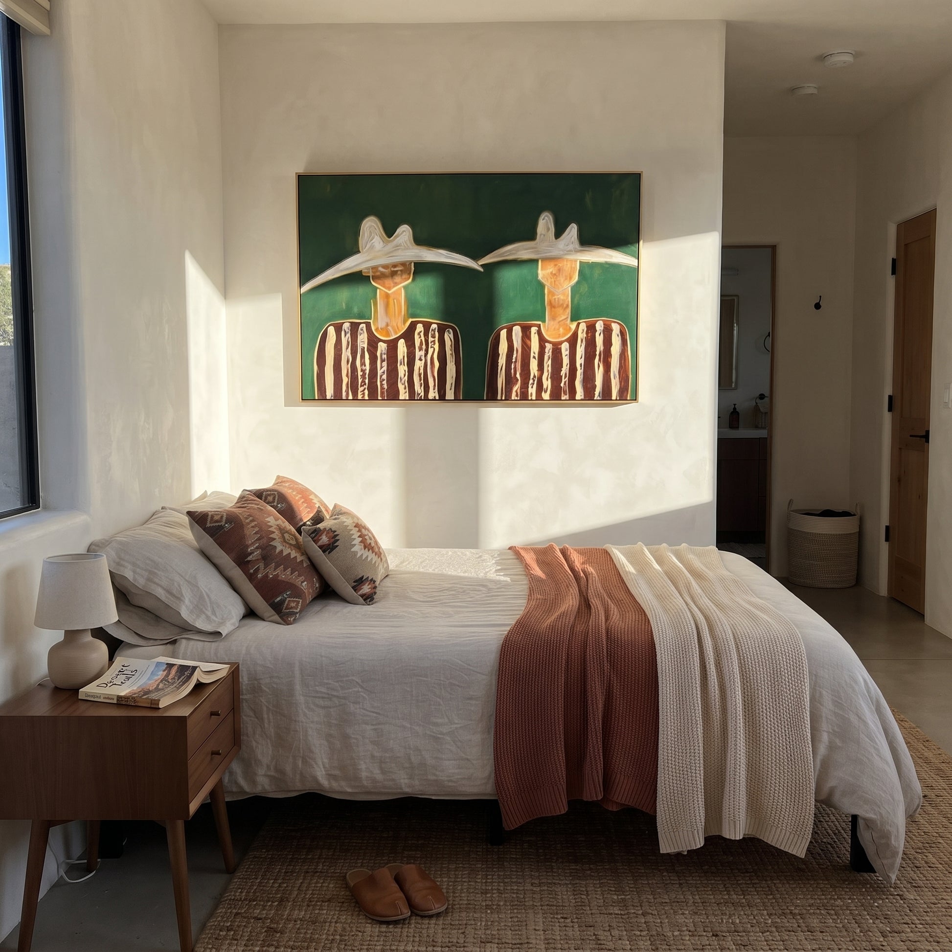 White Hats Guard Green - white hat figure pair painting by Elliot Vale, modern figurative horizontal wall art - styled room scene view 4