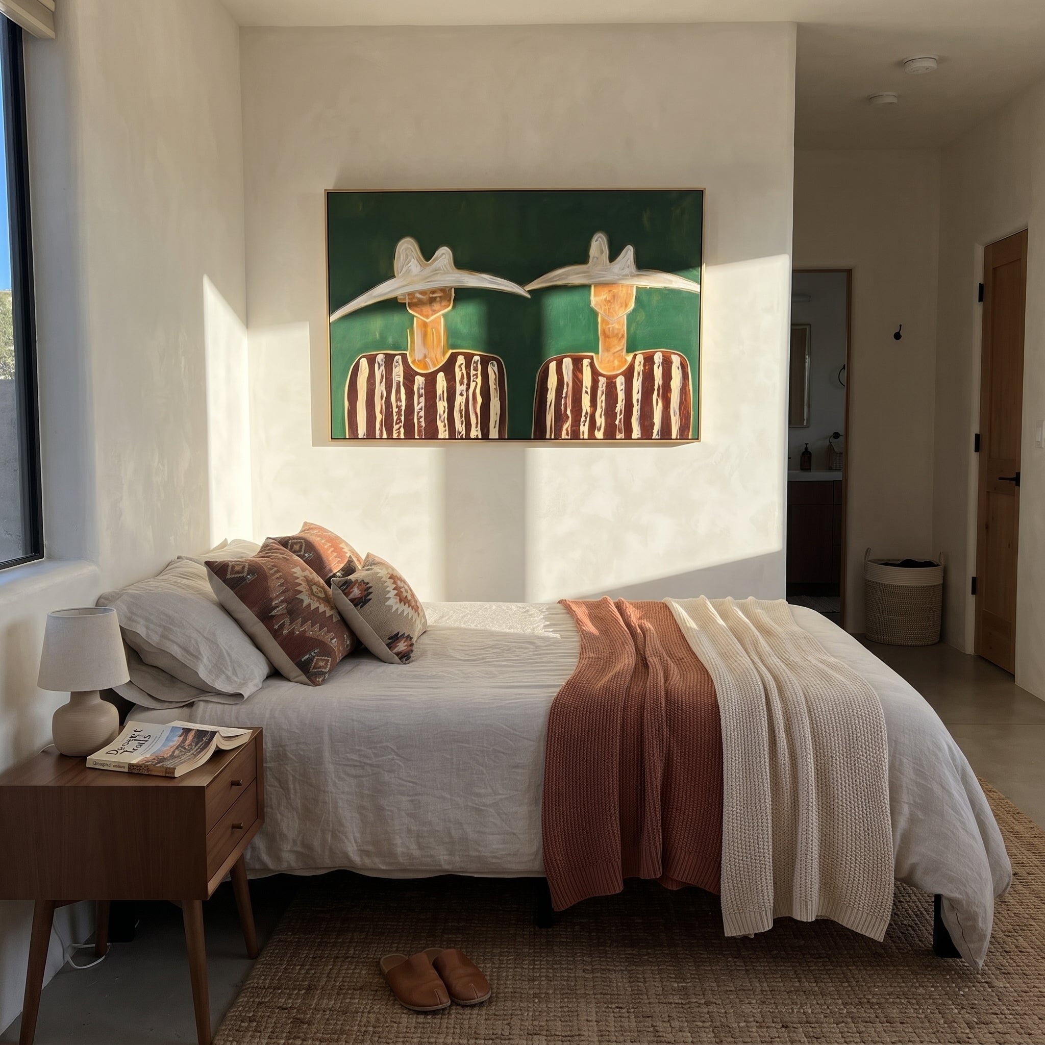 White Hats Guard Green - white hat figure pair painting by Elliot Vale, modern figurative horizontal wall art - styled room scene view 4