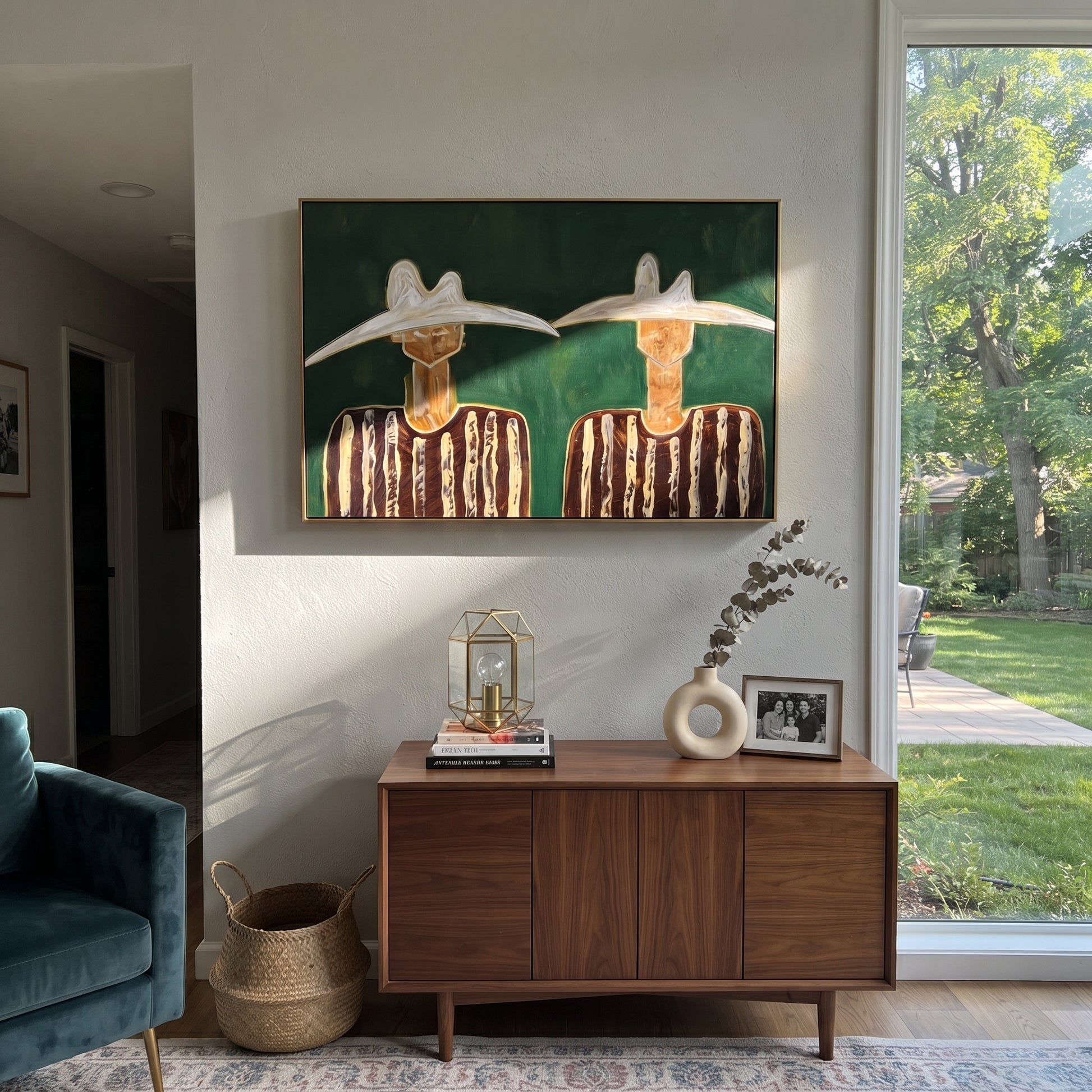 White Hats Guard Green - white hat figure pair painting by Elliot Vale, modern figurative horizontal wall art - styled room scene view 5