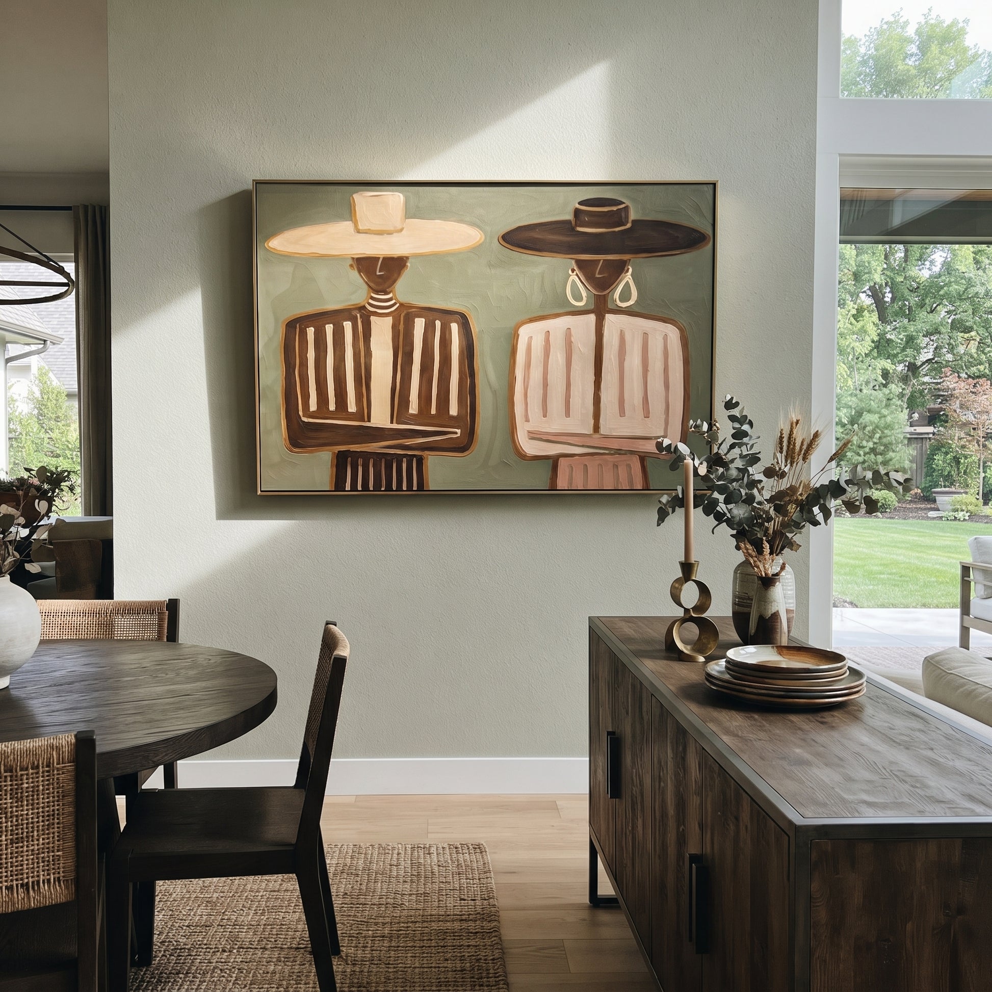 Tan Brims Frame Stripes - neutral striped figure pair painting by Elliot Vale, modern figurative horizontal wall art - styled room scene view 1