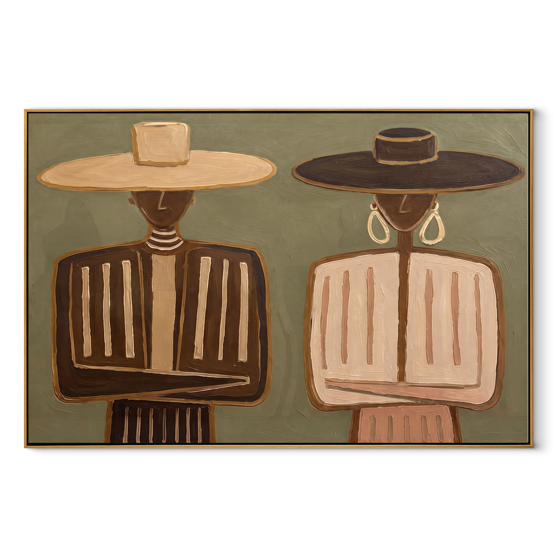 Tan Brims Frame Stripes - neutral striped figure pair painting by Elliot Vale, modern figurative horizontal wall art - wood frame on white background