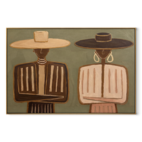 Tan Brims Frame Stripes - neutral striped figure pair painting by Elliot Vale, modern figurative horizontal wall art - wood frame on white background