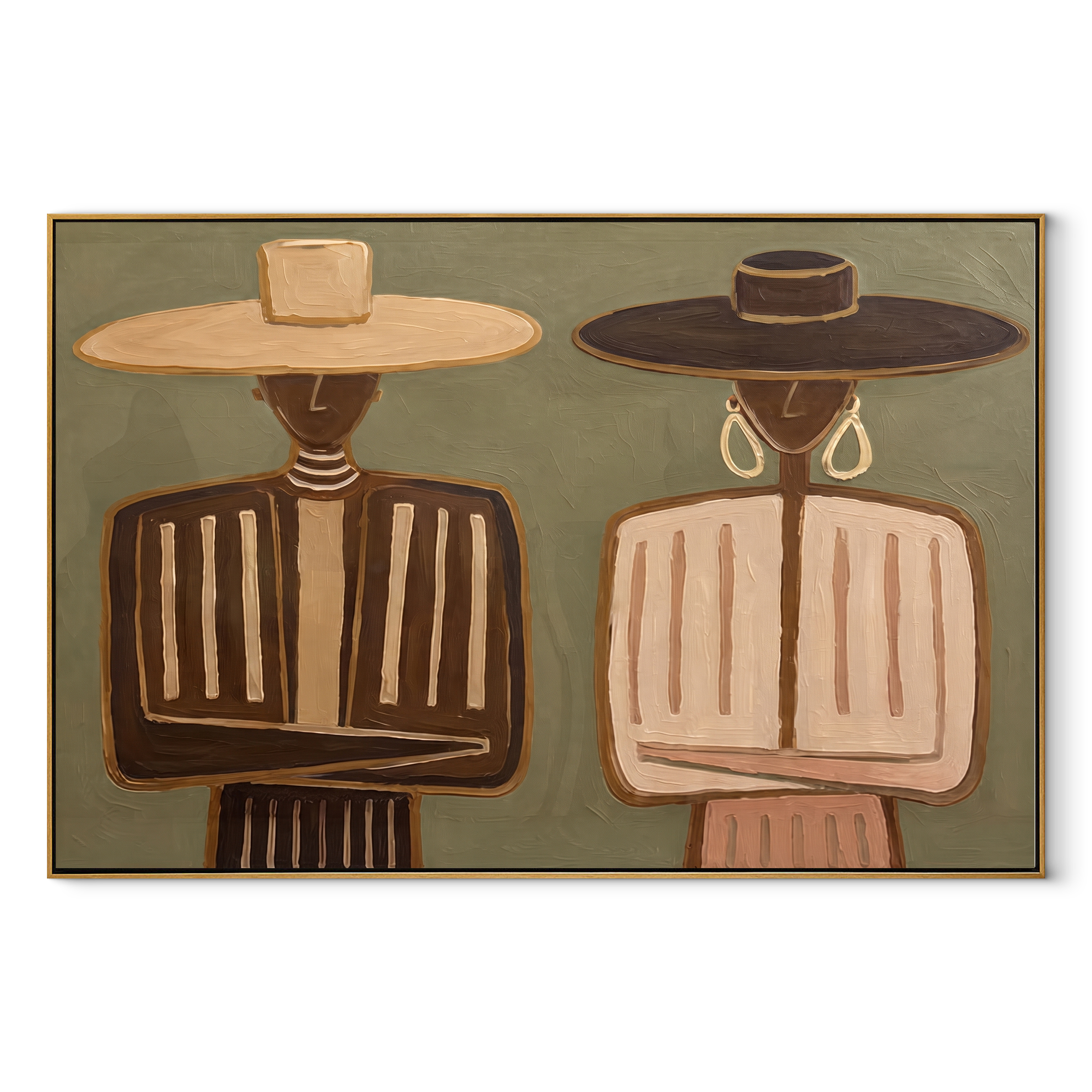 Tan Brims Frame Stripes - neutral striped figure pair painting by Elliot Vale, modern figurative horizontal wall art - wood frame on white background