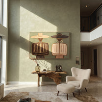 Tan Brims Frame Stripes - neutral striped figure pair painting by Elliot Vale, modern figurative horizontal wall art - styled room scene view 2