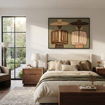 Tan Brims Frame Stripes - neutral striped figure pair painting by Elliot Vale, modern figurative horizontal wall art - styled room scene view 5