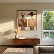 White Hat Meets Brown - neutral formal figure pair painting by Elliot Vale, modern figurative square wall art - styled room scene view 1
