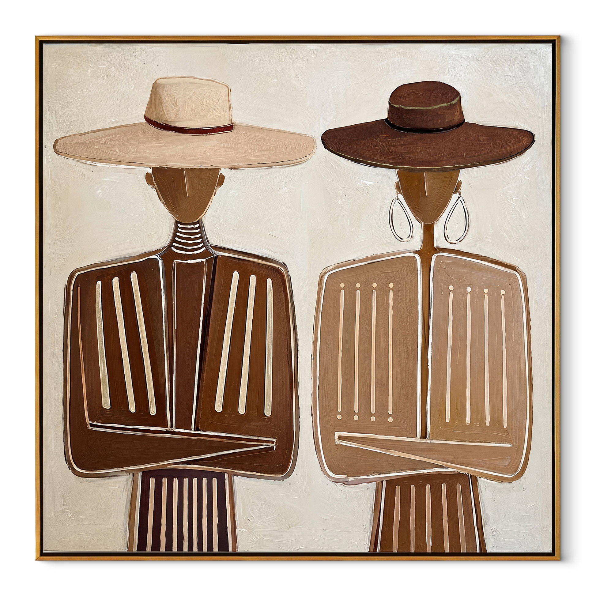 White Hat Meets Brown - neutral formal figure pair painting by Elliot Vale, modern figurative square wall art - wood frame on white background