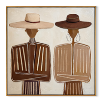 White Hat Meets Brown - neutral formal figure pair painting by Elliot Vale, modern figurative square wall art - wood frame on white background