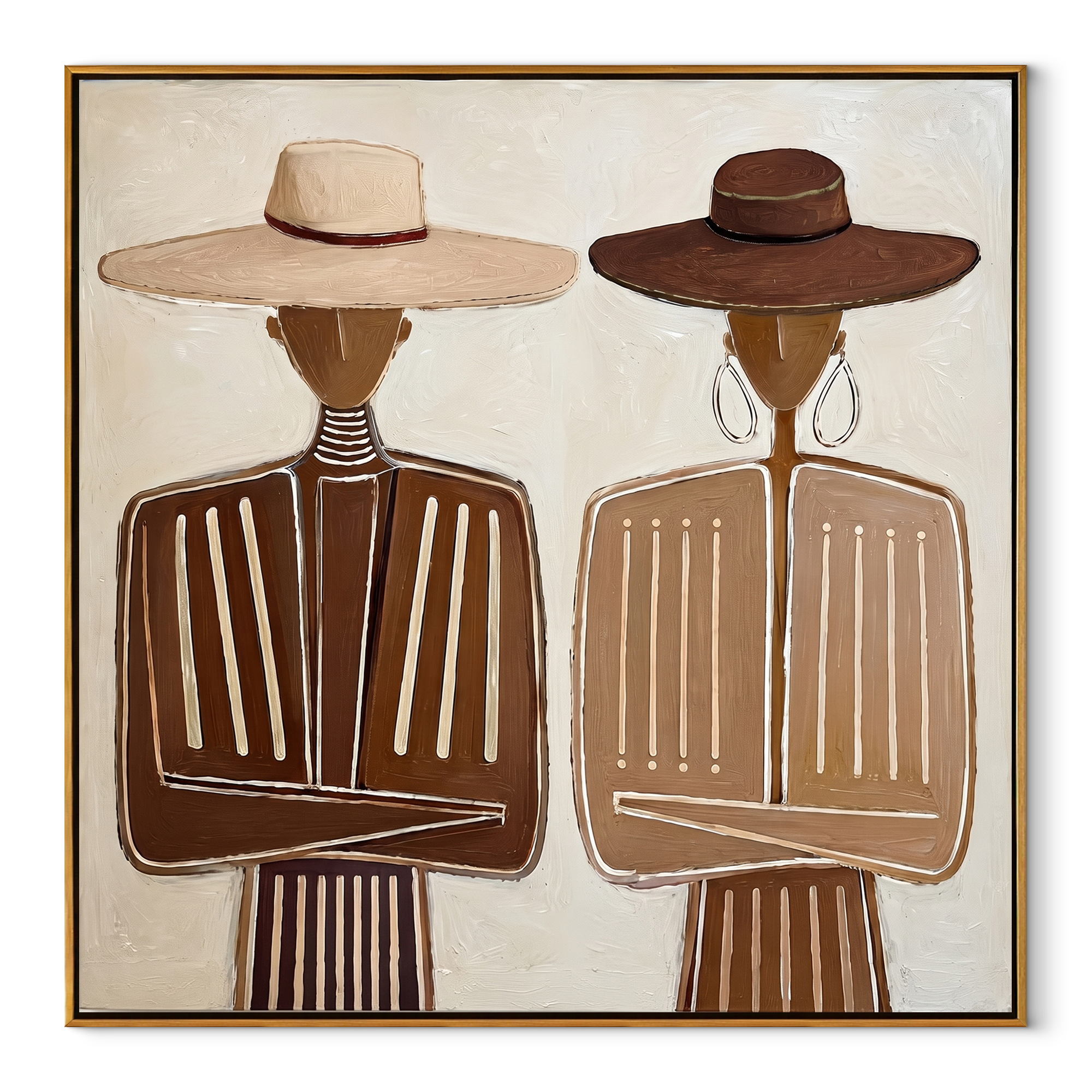 White Hat Meets Brown - neutral formal figure pair painting by Elliot Vale, modern figurative square wall art - wood frame on white background