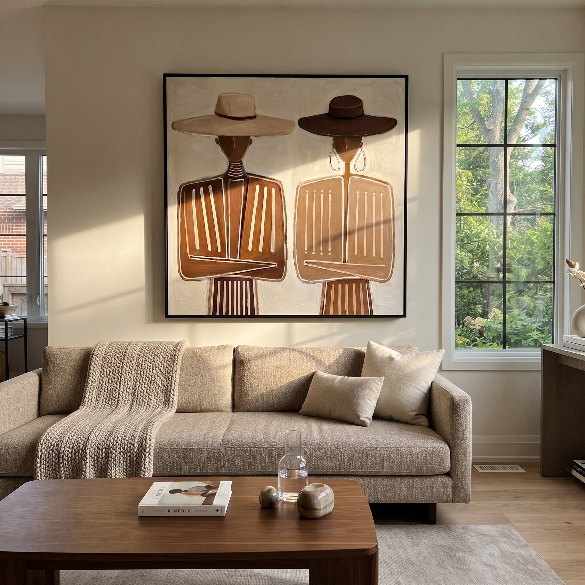 White Hat Meets Brown - neutral formal figure pair painting by Elliot Vale, modern figurative square wall art - styled room scene view 2