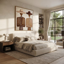 White Hat Meets Brown - neutral formal figure pair painting by Elliot Vale, modern figurative square wall art - styled room scene view 3