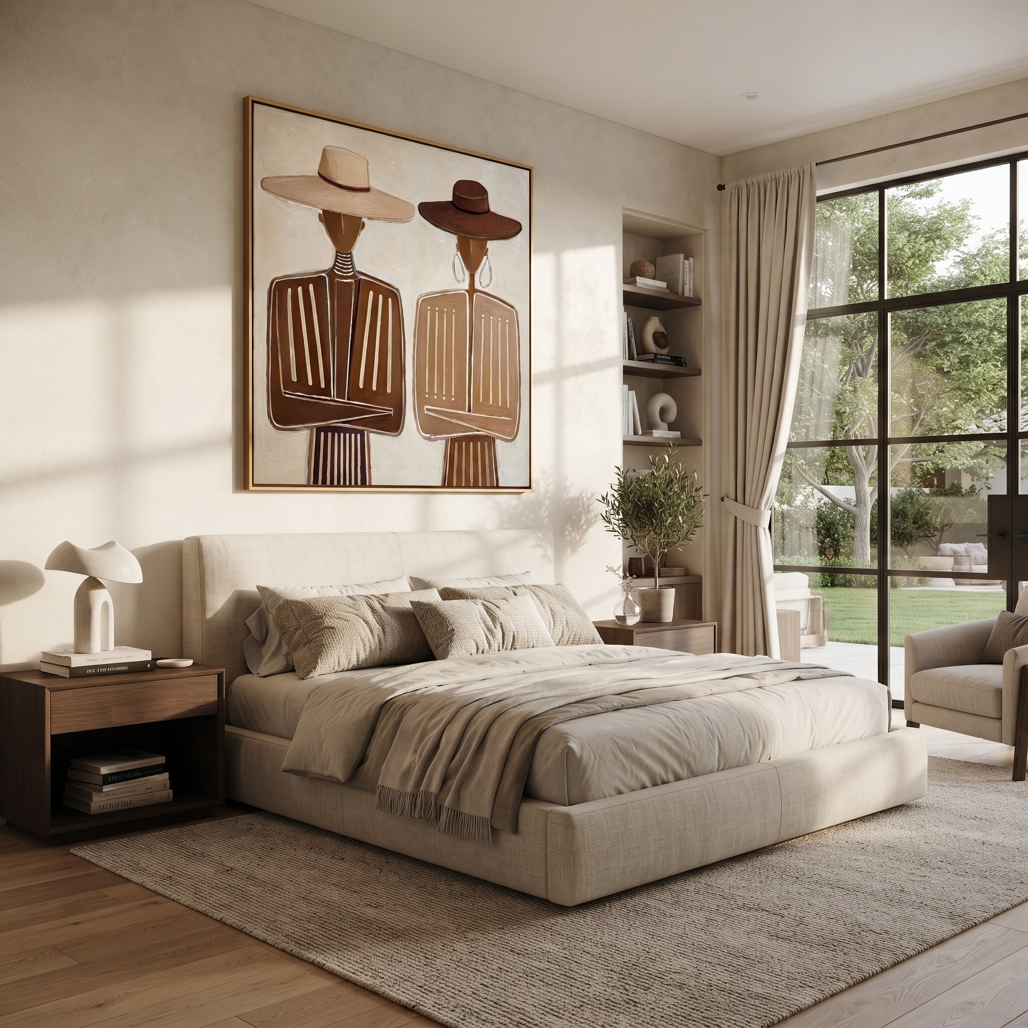 White Hat Meets Brown - neutral formal figure pair painting by Elliot Vale, modern figurative square wall art - styled room scene view 3