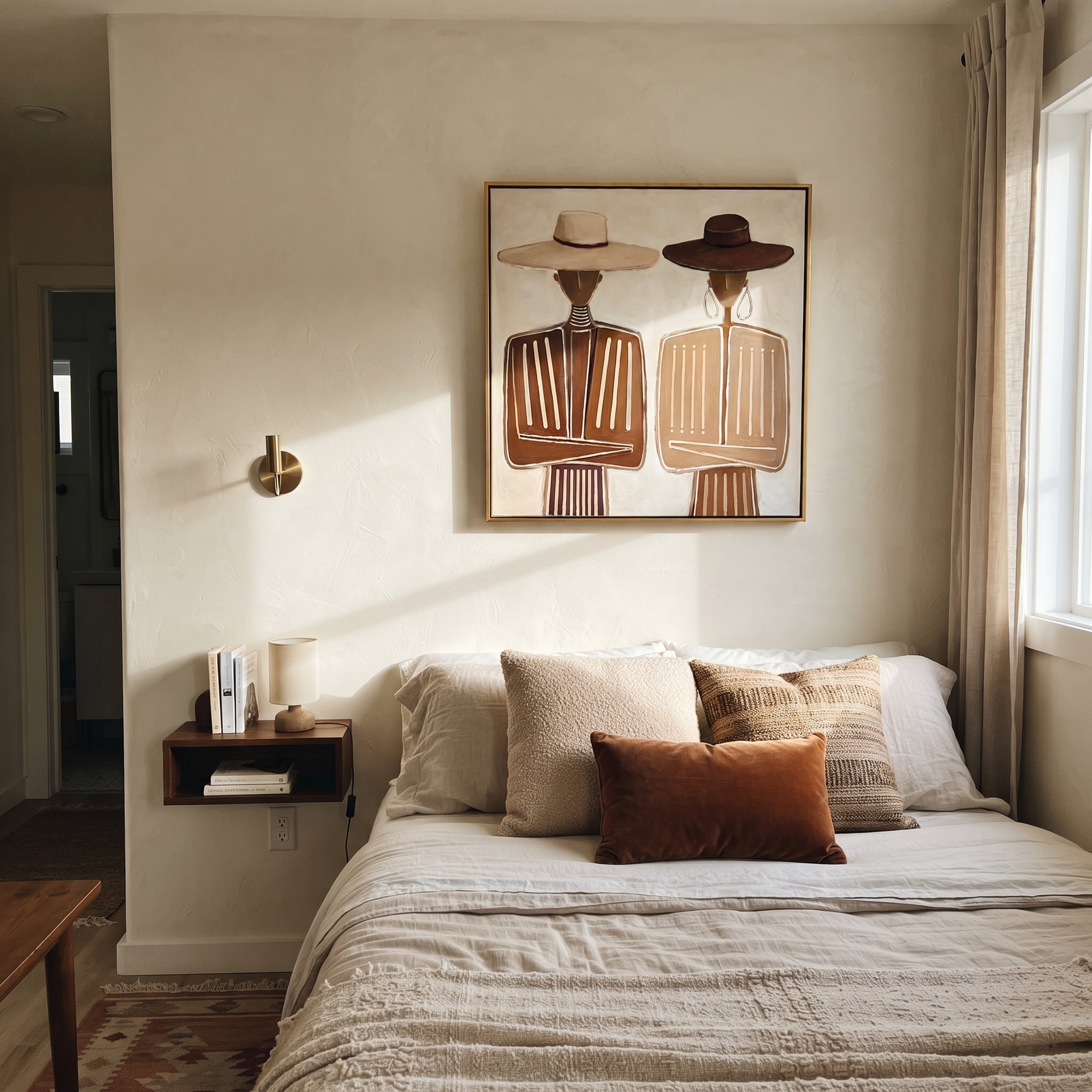 White Hat Meets Brown - neutral formal figure pair painting by Elliot Vale, modern figurative square wall art - styled room scene view 4