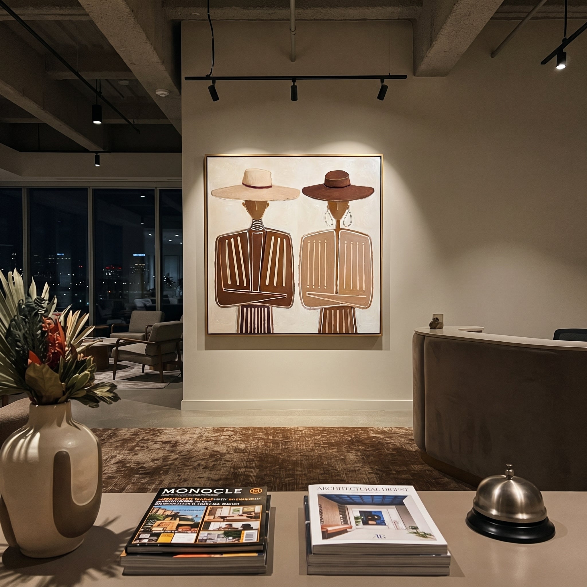 White Hat Meets Brown - neutral formal figure pair painting by Elliot Vale, modern figurative square wall art - styled room scene view 5