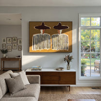 Purple Hats Hold Rhythm - striped figure pair painting by Elliot Vale, modern figurative horizontal wall art - styled room scene view 1