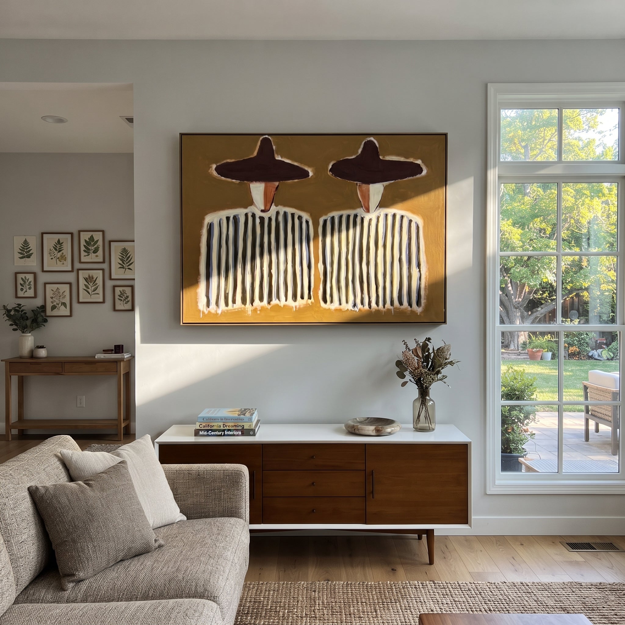 Purple Hats Hold Rhythm - striped figure pair painting by Elliot Vale, modern figurative horizontal wall art - styled room scene view 1