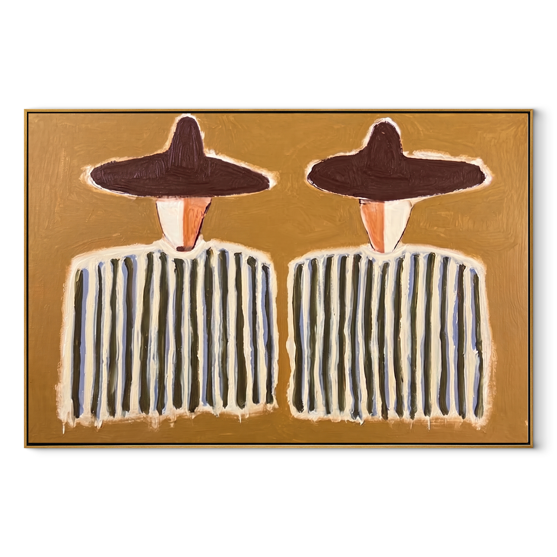 Purple Hats Hold Rhythm - striped figure pair painting by Elliot Vale, modern figurative horizontal wall art - wood frame on white background