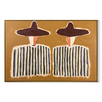 Purple Hats Hold Rhythm - striped figure pair painting by Elliot Vale, modern figurative horizontal wall art - wood frame on white background
