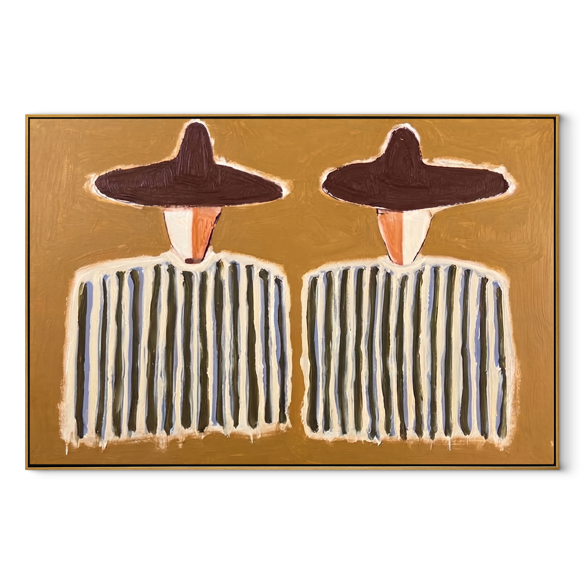 Purple Hats Hold Rhythm - striped figure pair painting by Elliot Vale, modern figurative horizontal wall art - wood frame on white background