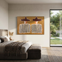 Purple Hats Hold Rhythm - striped figure pair painting by Elliot Vale, modern figurative horizontal wall art - styled room scene view 2