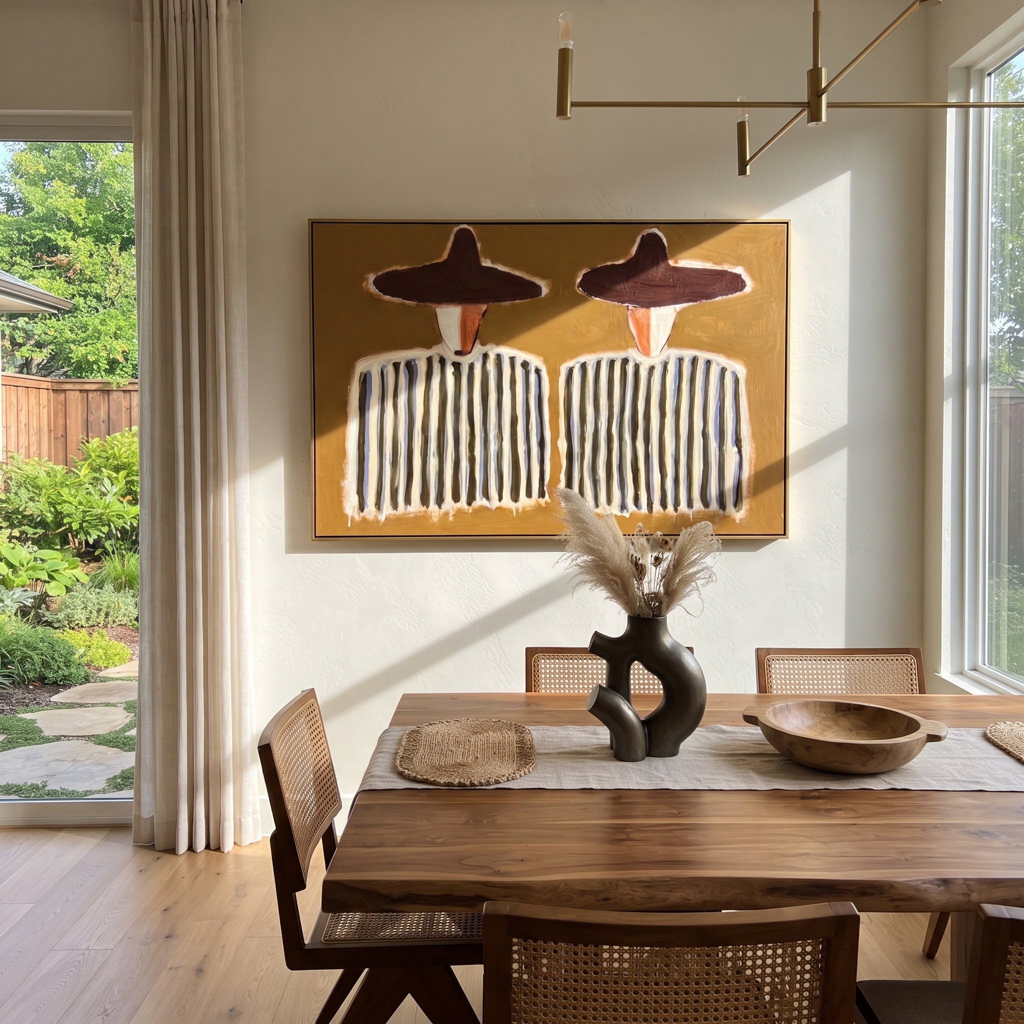 Purple Hats Hold Rhythm - striped figure pair painting by Elliot Vale, modern figurative horizontal wall art - styled room scene view 3