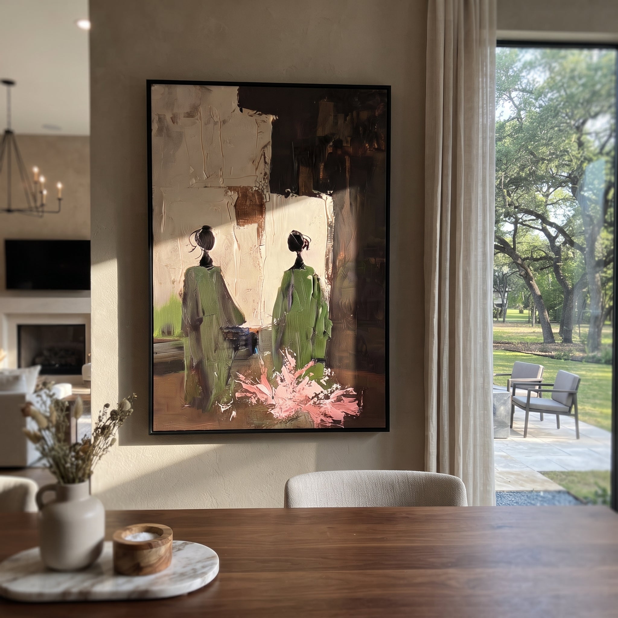Green Figures Face Darkness - garden figure pair painting by Elliot Vale, modern figurative vertical wall art - styled room scene view 1