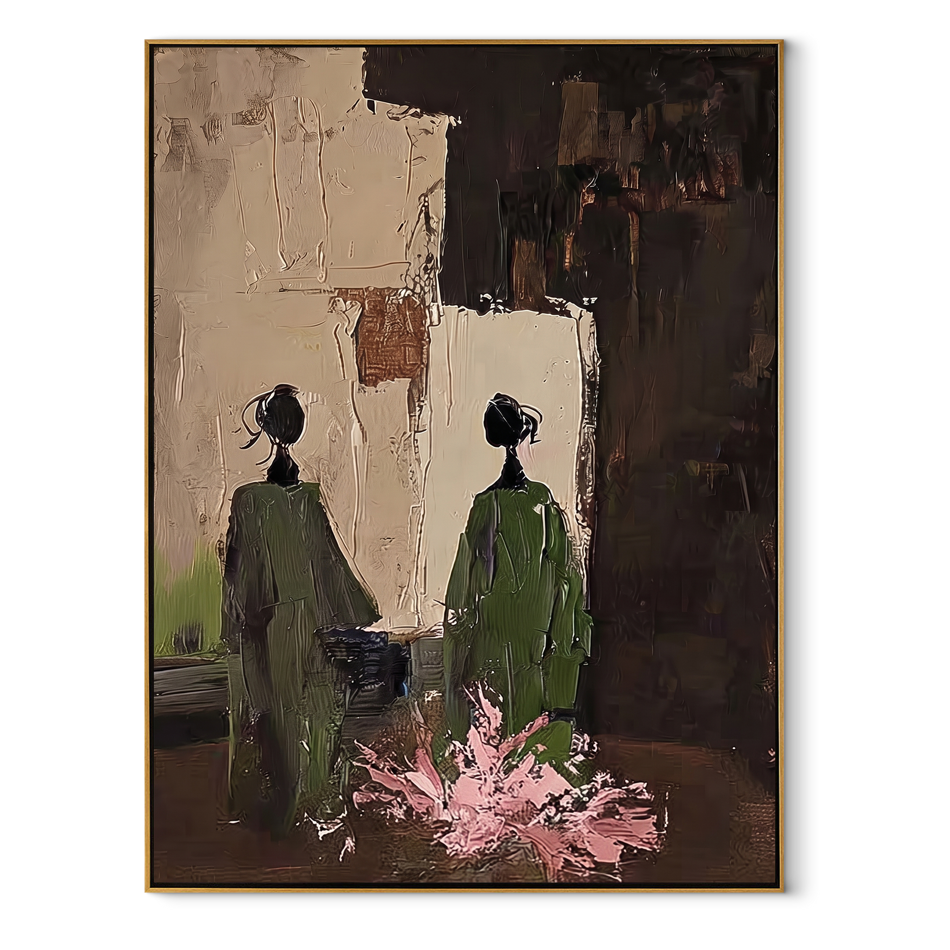 Green Figures Face Darkness - garden figure pair painting by Elliot Vale, modern figurative vertical wall art - wood frame on white background