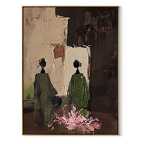 Green Figures Face Darkness - garden figure pair painting by Elliot Vale, modern figurative vertical wall art - wood frame on white background