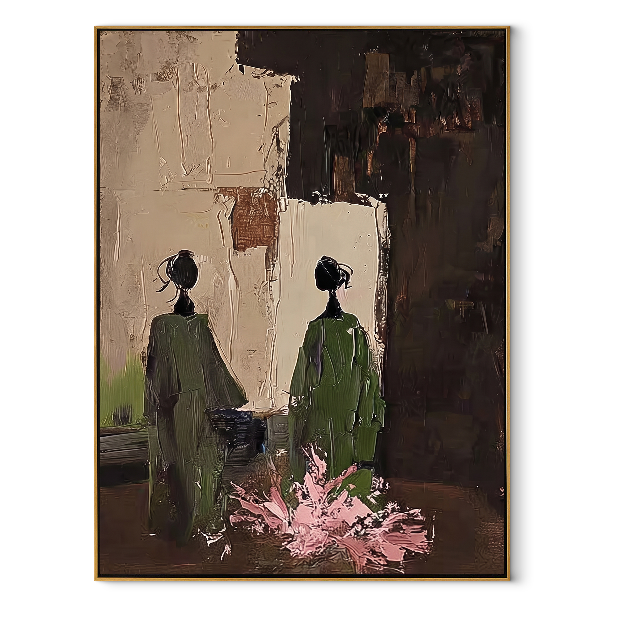 Green Figures Face Darkness - garden figure pair painting by Elliot Vale, modern figurative vertical wall art - wood frame on white background