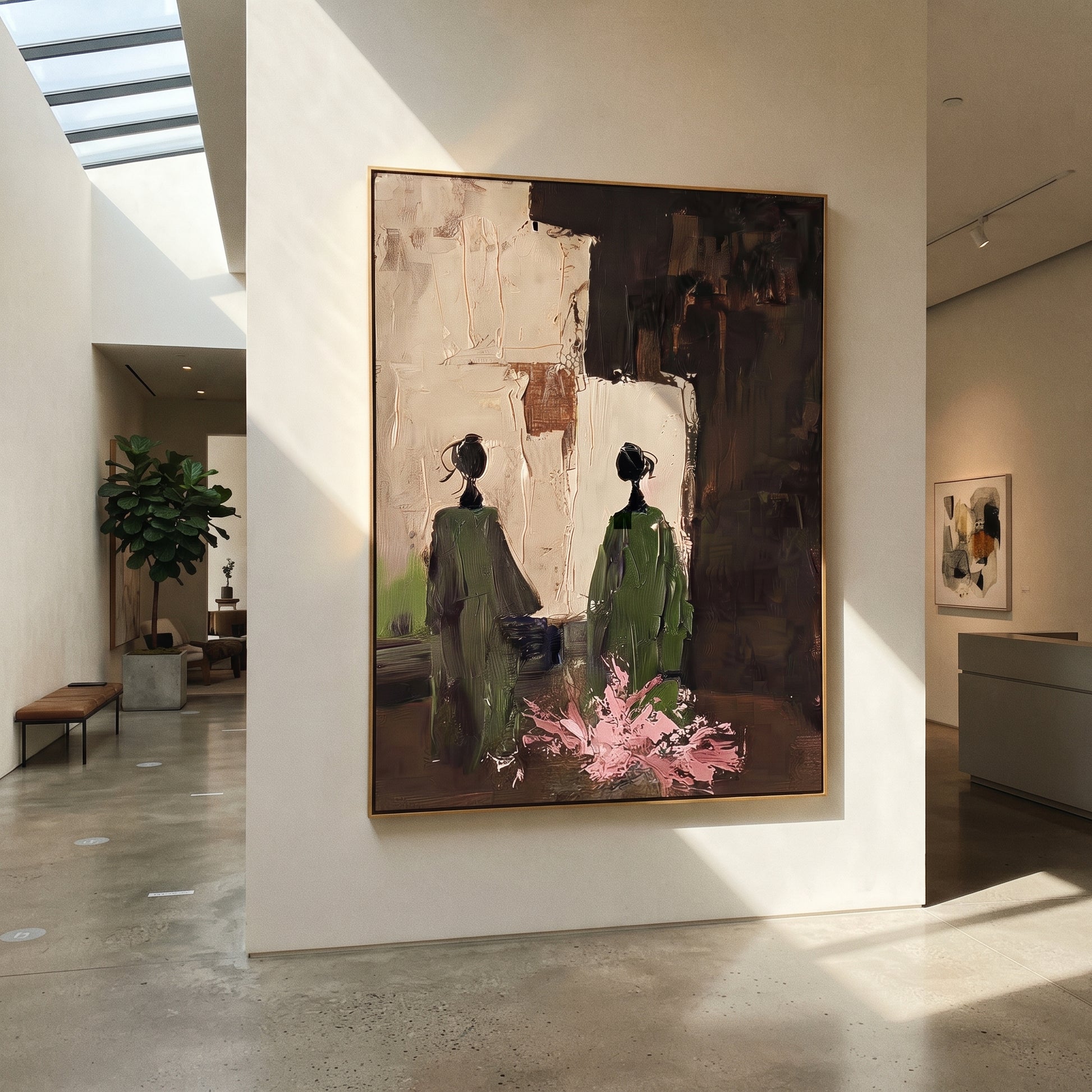 Green Figures Face Darkness - garden figure pair painting by Elliot Vale, modern figurative vertical wall art - styled room scene view 2