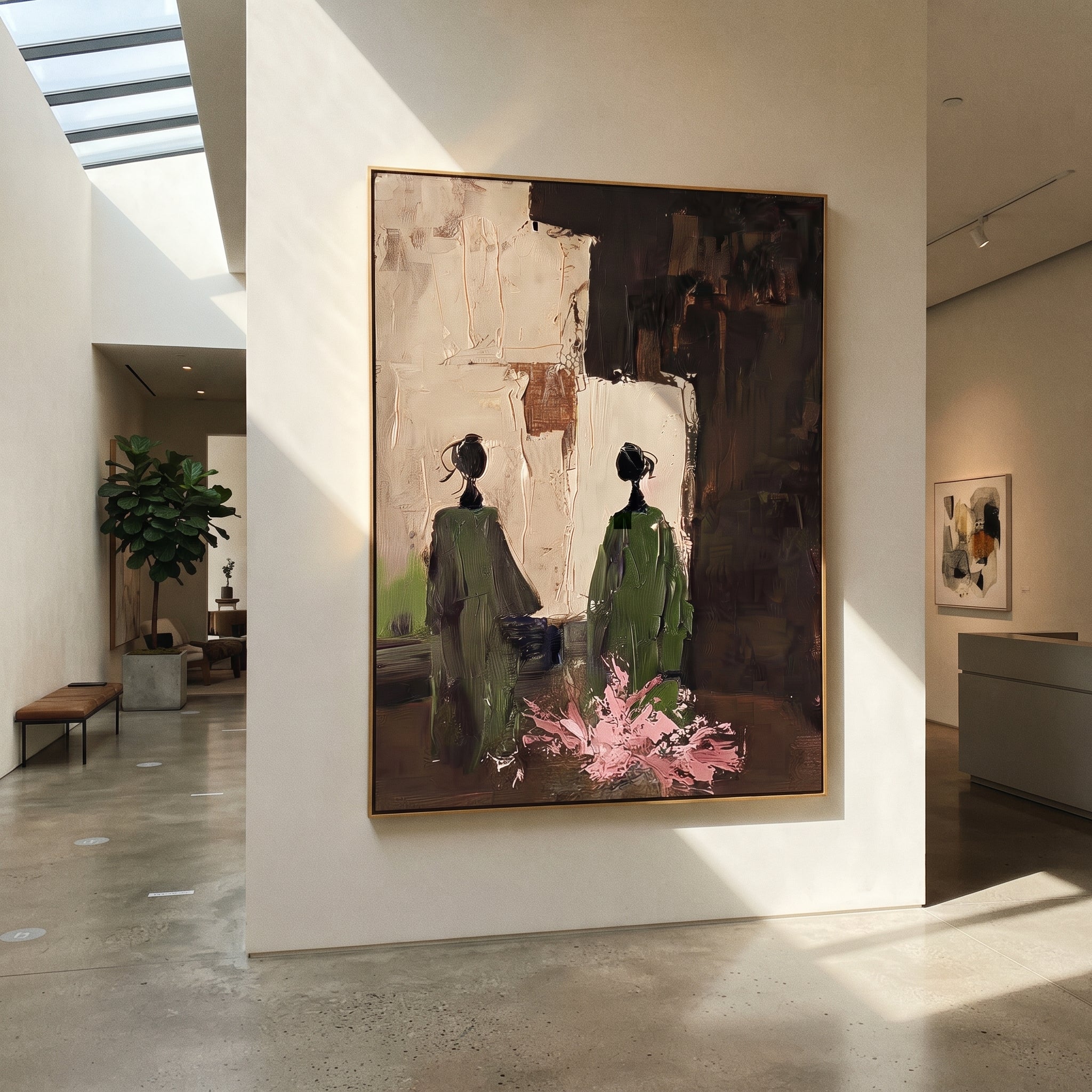 Green Figures Face Darkness - garden figure pair painting by Elliot Vale, modern figurative vertical wall art - styled room scene view 2