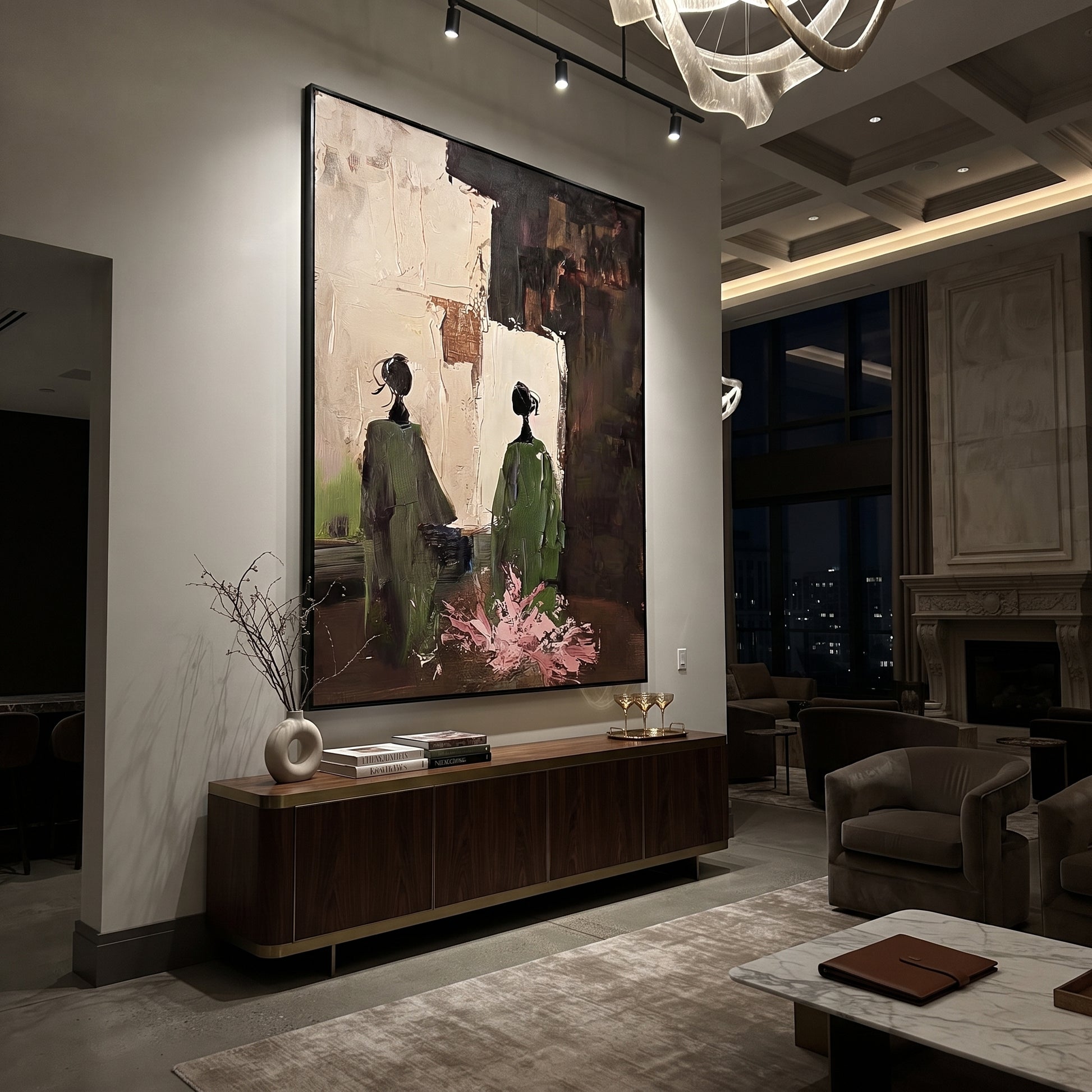Green Figures Face Darkness - garden figure pair painting by Elliot Vale, modern figurative vertical wall art - styled room scene view 3