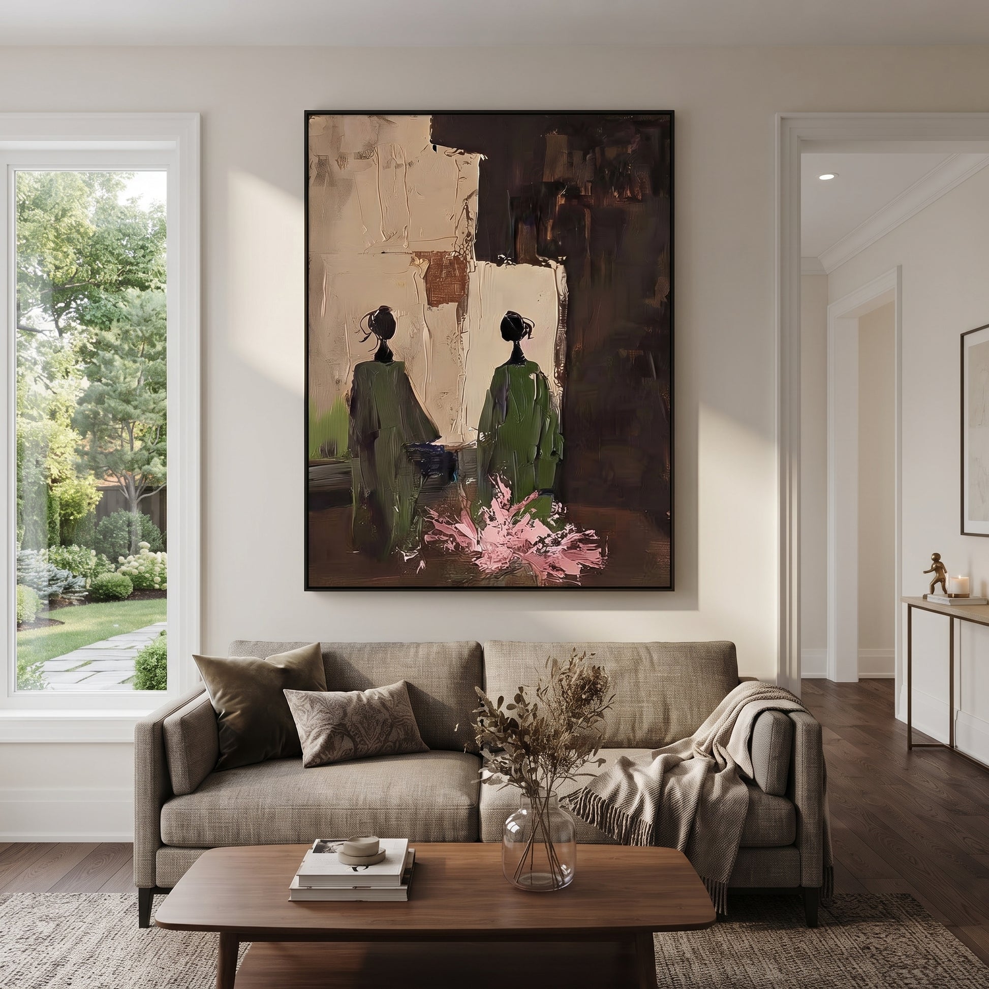 Green Figures Face Darkness - garden figure pair painting by Elliot Vale, modern figurative vertical wall art - styled room scene view 4