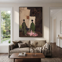 Green Figures Face Darkness - garden figure pair painting by Elliot Vale, modern figurative vertical wall art - styled room scene view 4