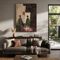 Green Figures Face Darkness - garden figure pair painting by Elliot Vale, modern figurative vertical wall art - styled room scene view 5