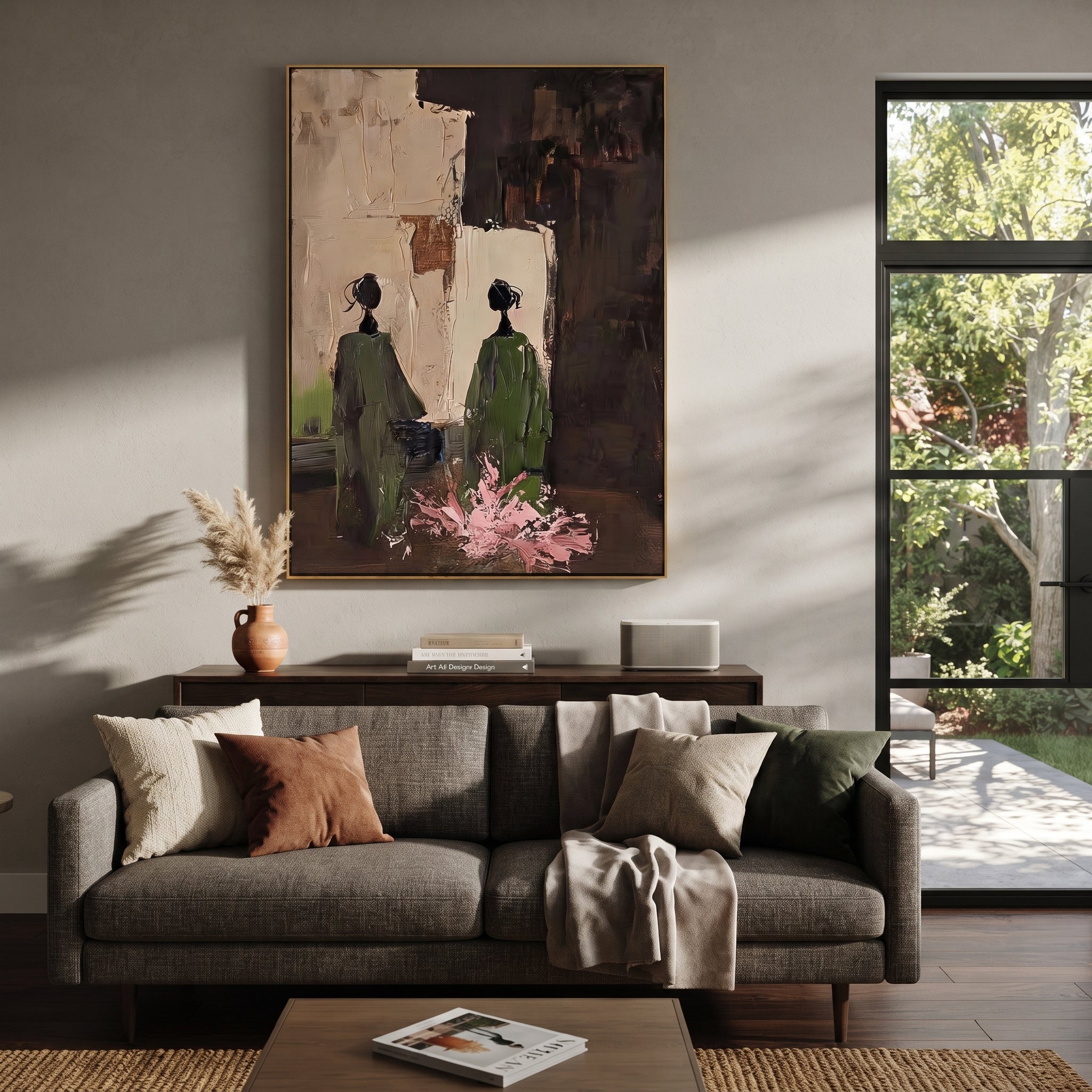 Green Figures Face Darkness - garden figure pair painting by Elliot Vale, modern figurative vertical wall art - styled room scene view 5