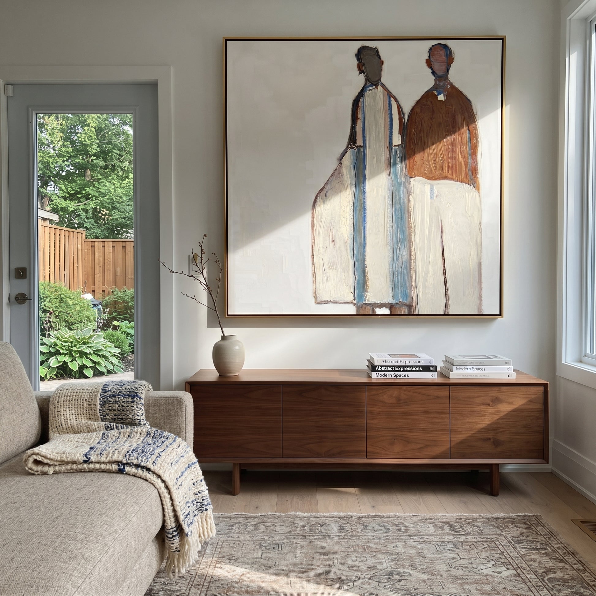 White Forms Hold Distance - minimal standing pair painting by Elliot Vale, modern figurative square wall art - styled room scene view 1