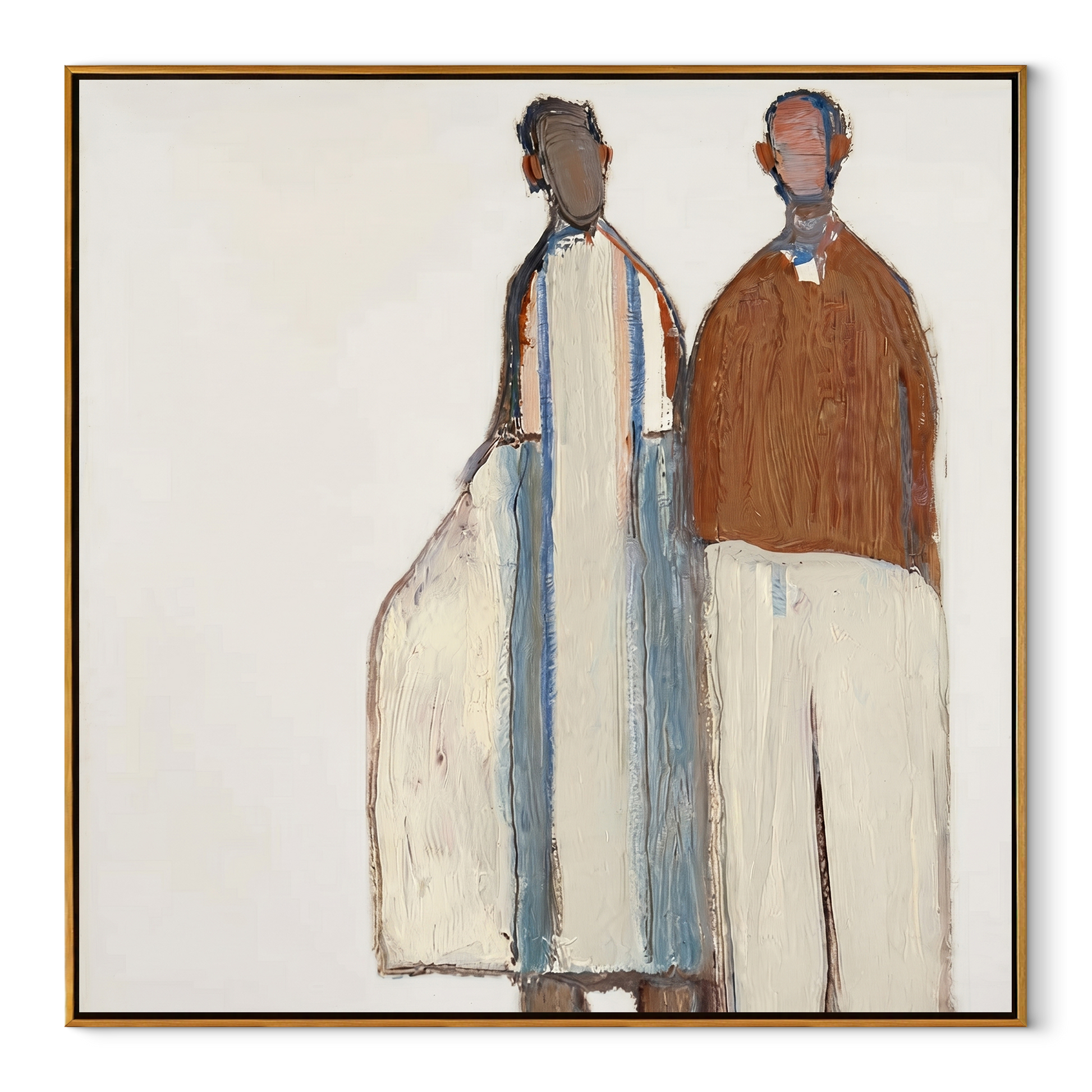 White Forms Hold Distance - minimal standing pair painting by Elliot Vale, modern figurative square wall art - wood frame on white background