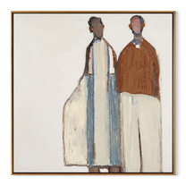 White Forms Hold Distance - minimal standing pair painting by Elliot Vale, modern figurative square wall art - wood frame on white background