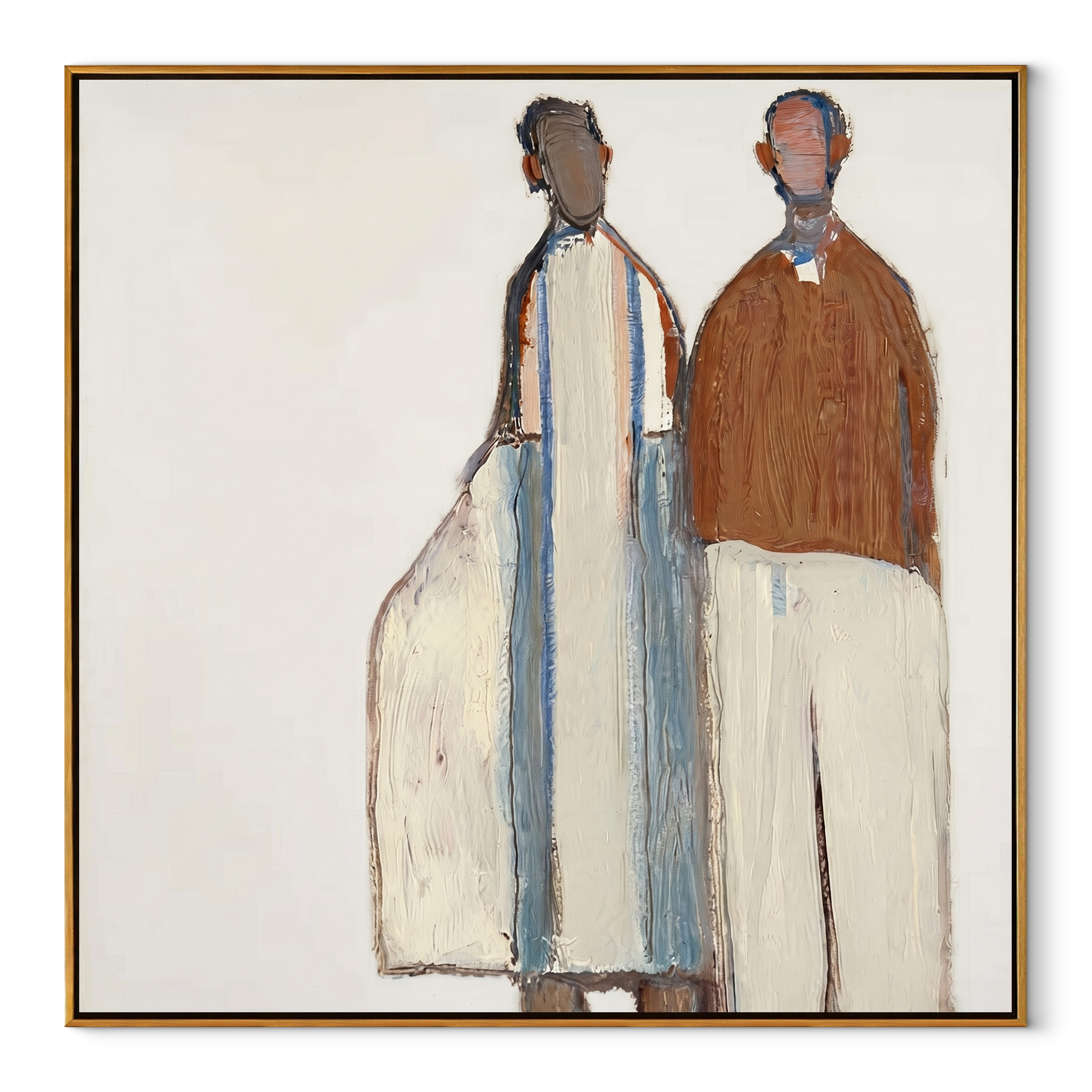 White Forms Hold Distance - minimal standing pair painting by Elliot Vale, modern figurative square wall art - wood frame on white background