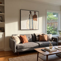 White Forms Hold Distance - minimal standing pair painting by Elliot Vale, modern figurative square wall art - styled room scene view 2