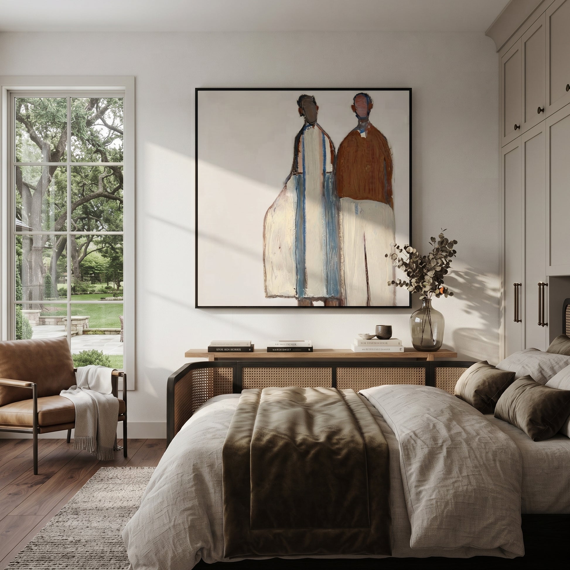 White Forms Hold Distance - minimal standing pair painting by Elliot Vale, modern figurative square wall art - styled room scene view 3