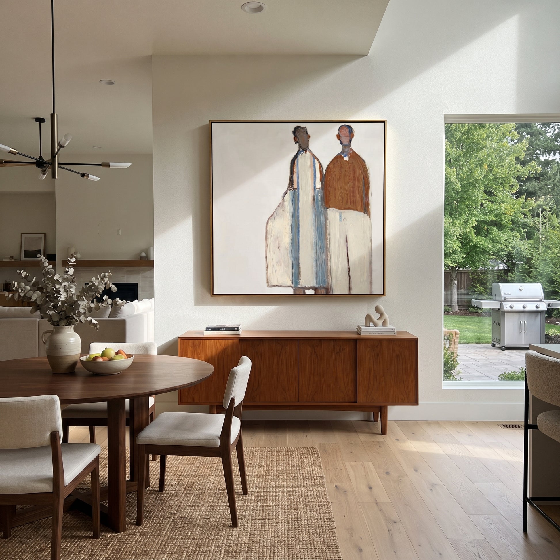 White Forms Hold Distance - minimal standing pair painting by Elliot Vale, modern figurative square wall art - styled room scene view 4