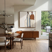 White Forms Hold Distance - minimal standing pair painting by Elliot Vale, modern figurative square wall art - styled room scene view 4