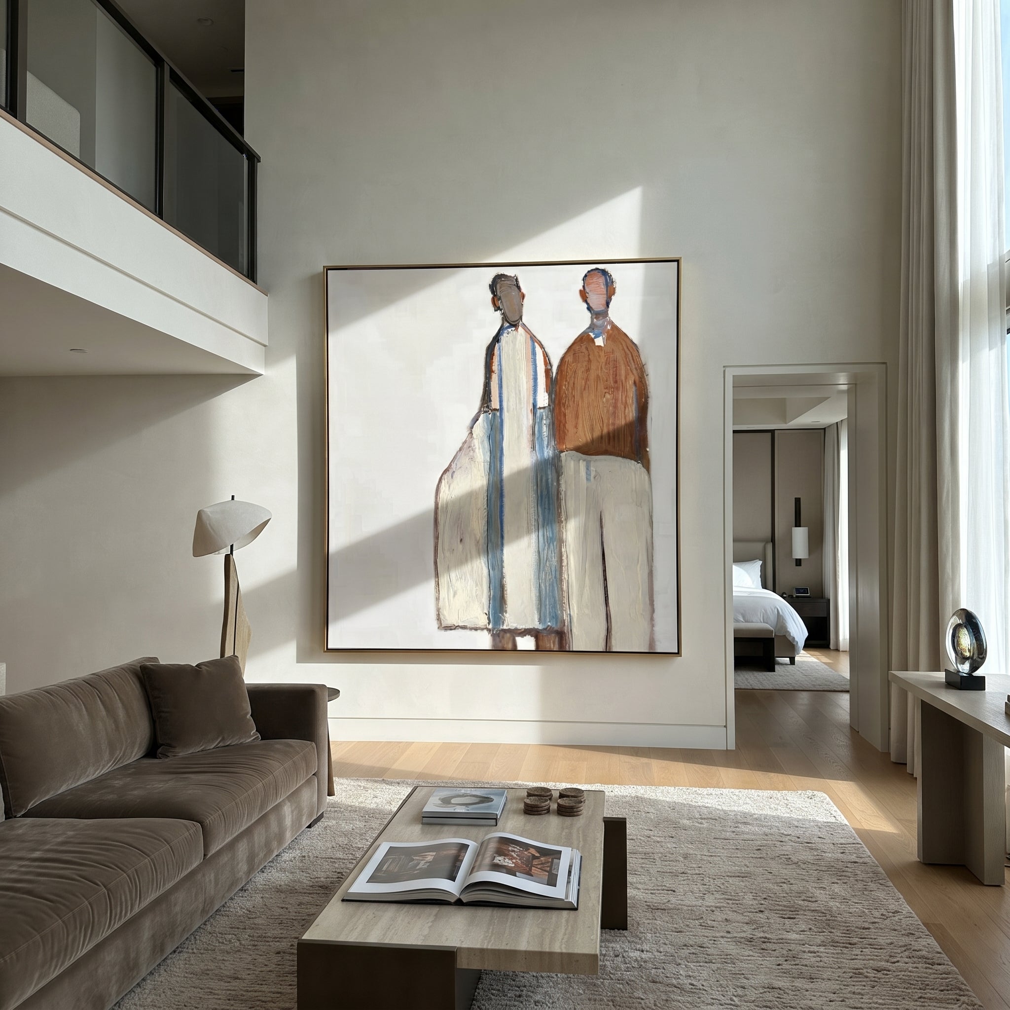 White Forms Hold Distance - minimal standing pair painting by Elliot Vale, modern figurative square wall art - styled room scene view 5