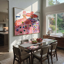 Pink Pattern Fills Silence - patterned figure pair painting by Elliot Vale, modern figurative horizontal wall art - styled room scene view 1