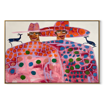Pink Pattern Fills Silence - patterned figure pair painting by Elliot Vale, modern figurative horizontal wall art - wood frame on white background