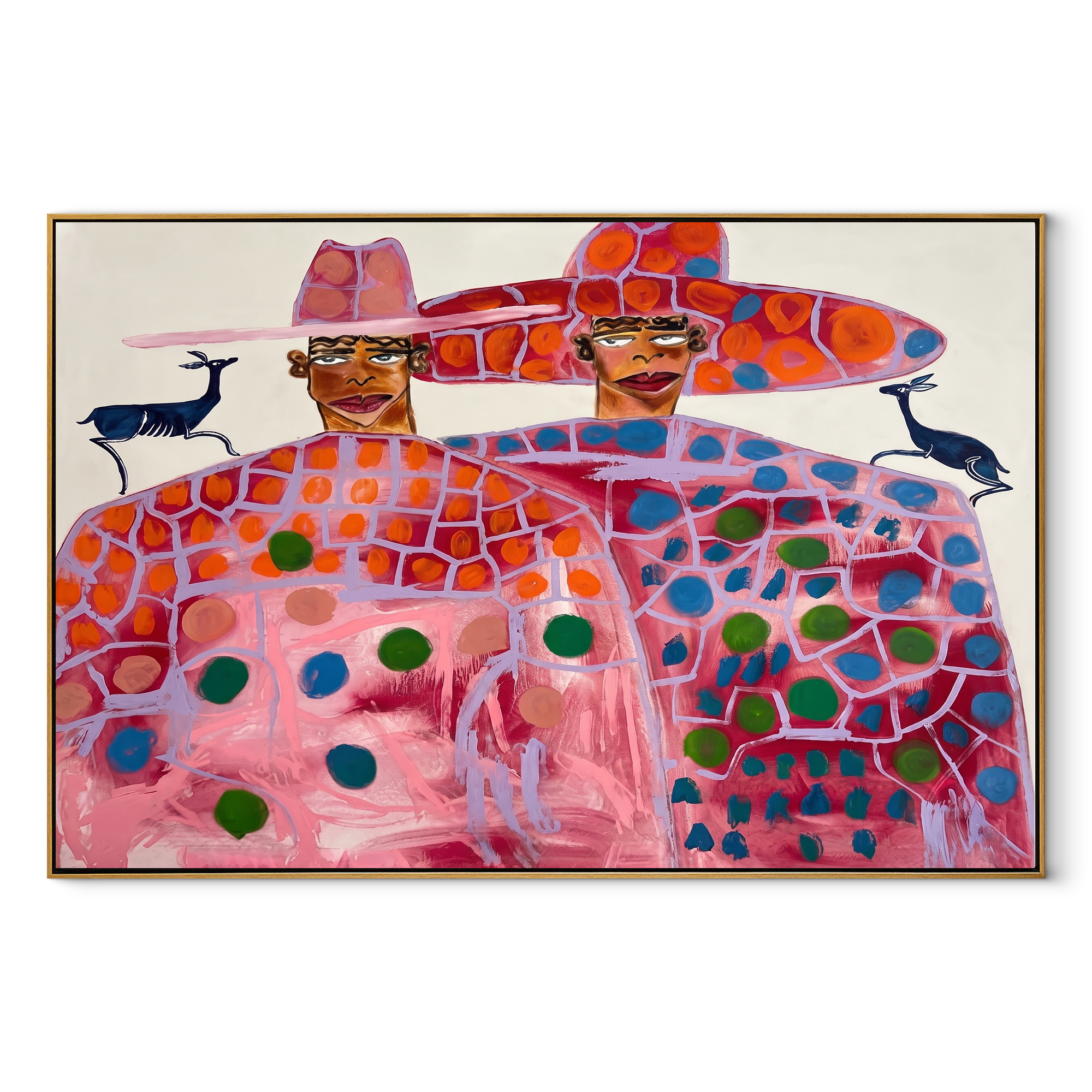 Pink Pattern Fills Silence - patterned figure pair painting by Elliot Vale, modern figurative horizontal wall art - wood frame on white background